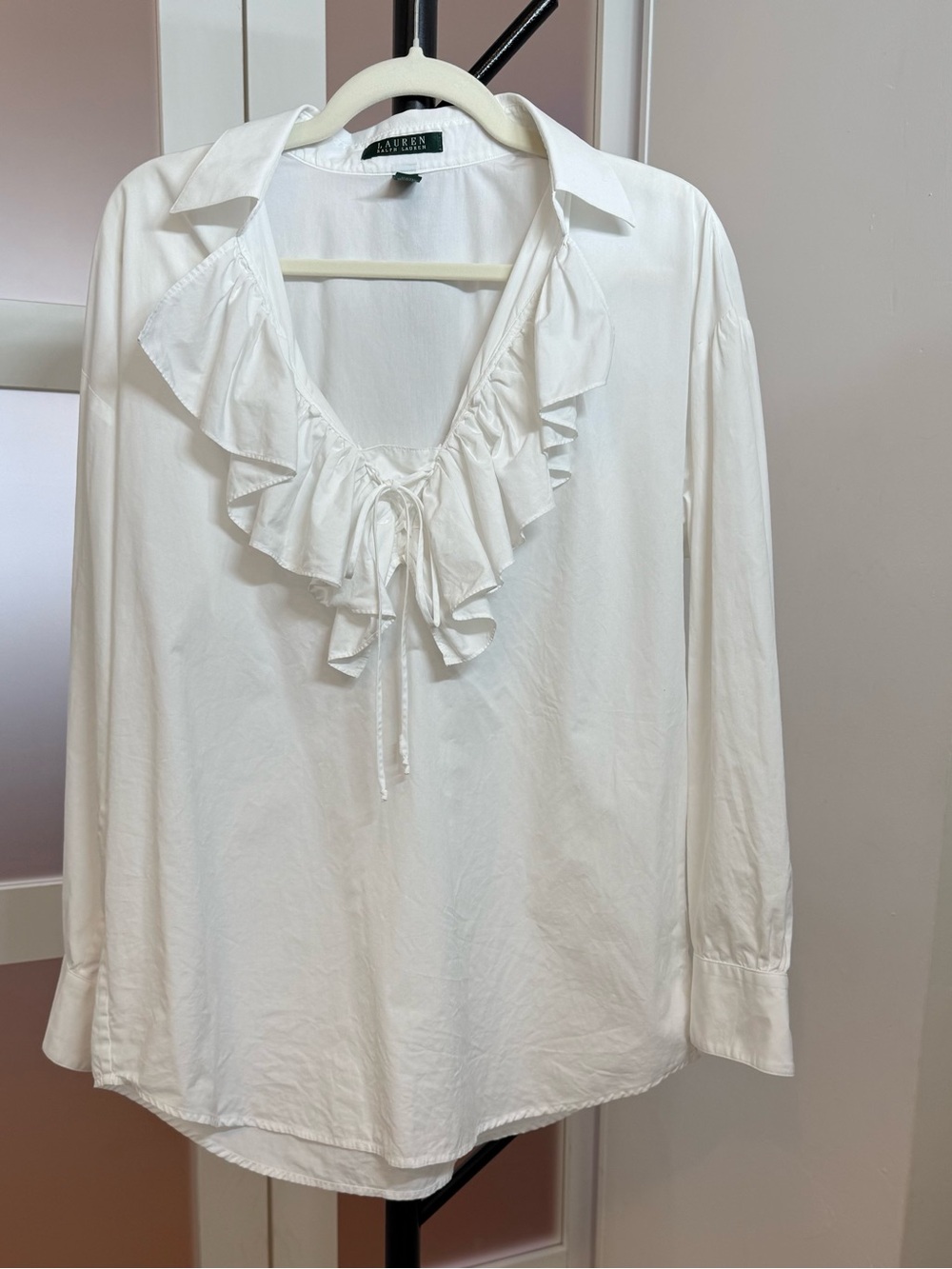 Lauren by Ralph Lauren White Ruffle Long Sleeve Cotton Blouse, size L.